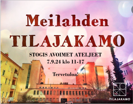 Värikäs mainos Stogis avoimet ateljeet -tapahtumasta Meilahden Tilajakamossa.